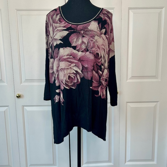 Skinny Minnie Black Long Sleeved Tunic with Purple Floral Print & Crystals Large - Picture 2 of 5